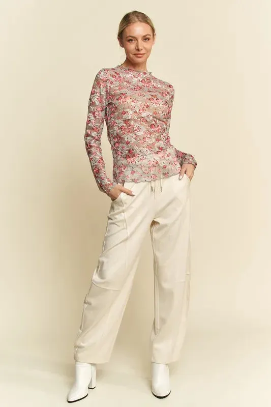 Pink Floral Mesh Long Sleeve Layering Top