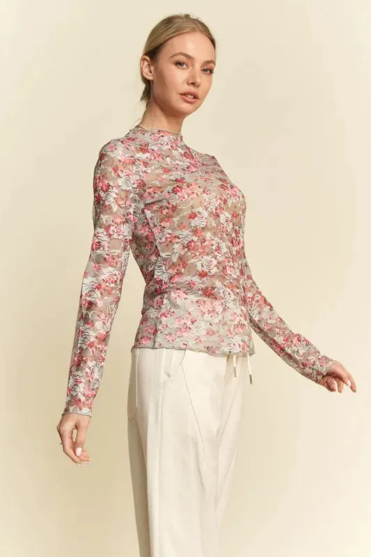 Pink Floral Mesh Long Sleeve Layering Top