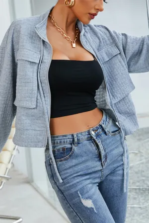Plain Drawstring Pockets Zipper Short Jacket