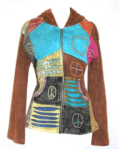 R 62 J Cotton Funky Patchwork Bohemian Fleece Jacket Hoodie Pony Tail