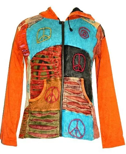 R 62 J Cotton Funky Patchwork Bohemian Fleece Jacket Hoodie Pony Tail