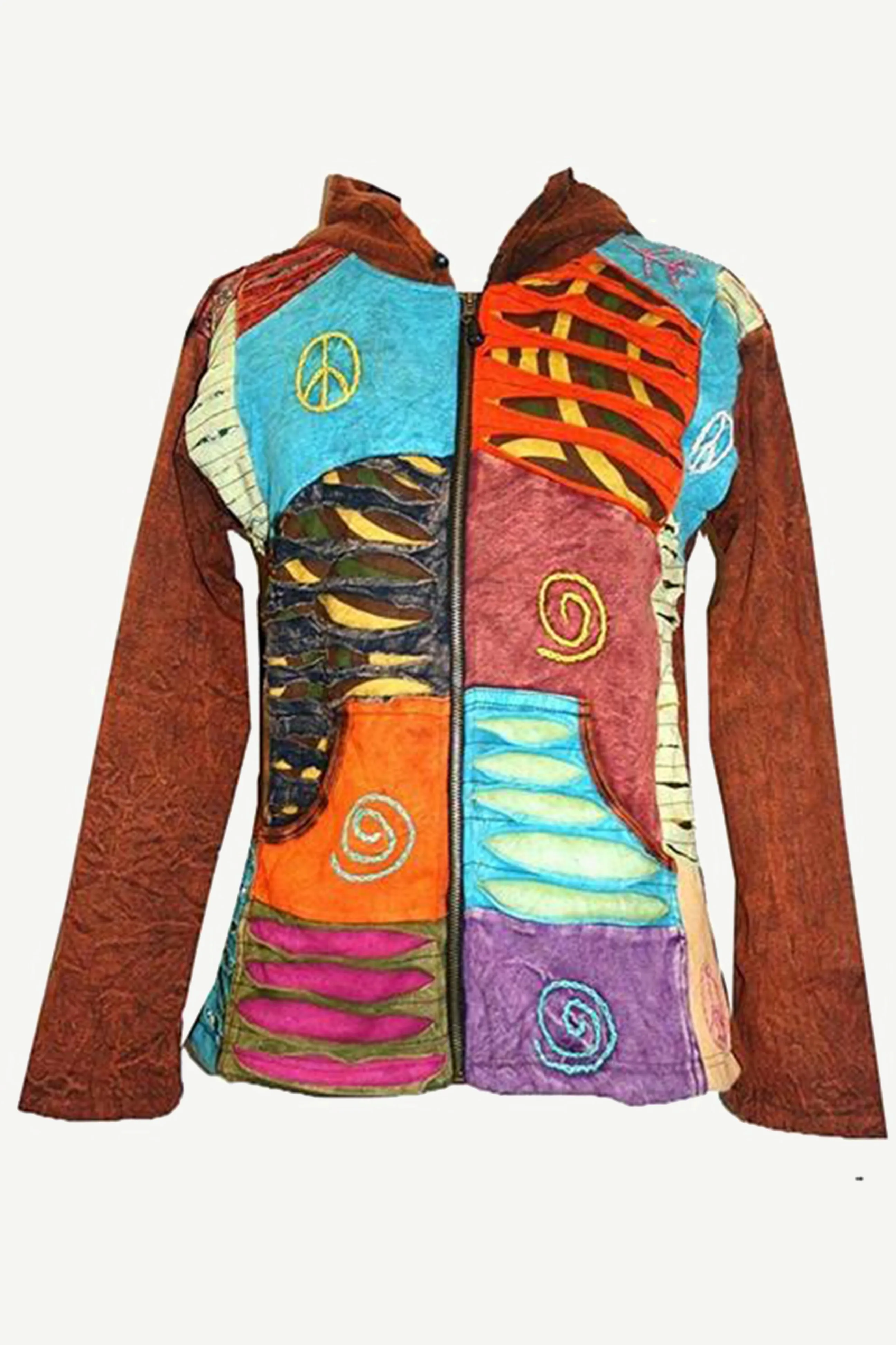 R 62 J Cotton Funky Patchwork Bohemian Fleece Jacket Hoodie Pony Tail