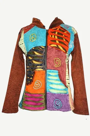 R 62 J Cotton Funky Patchwork Bohemian Fleece Jacket Hoodie Pony Tail