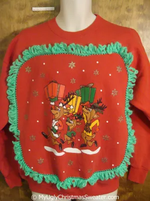 Reindeer Trio Carrying Gifts Tacky Christmas Sweatshirt