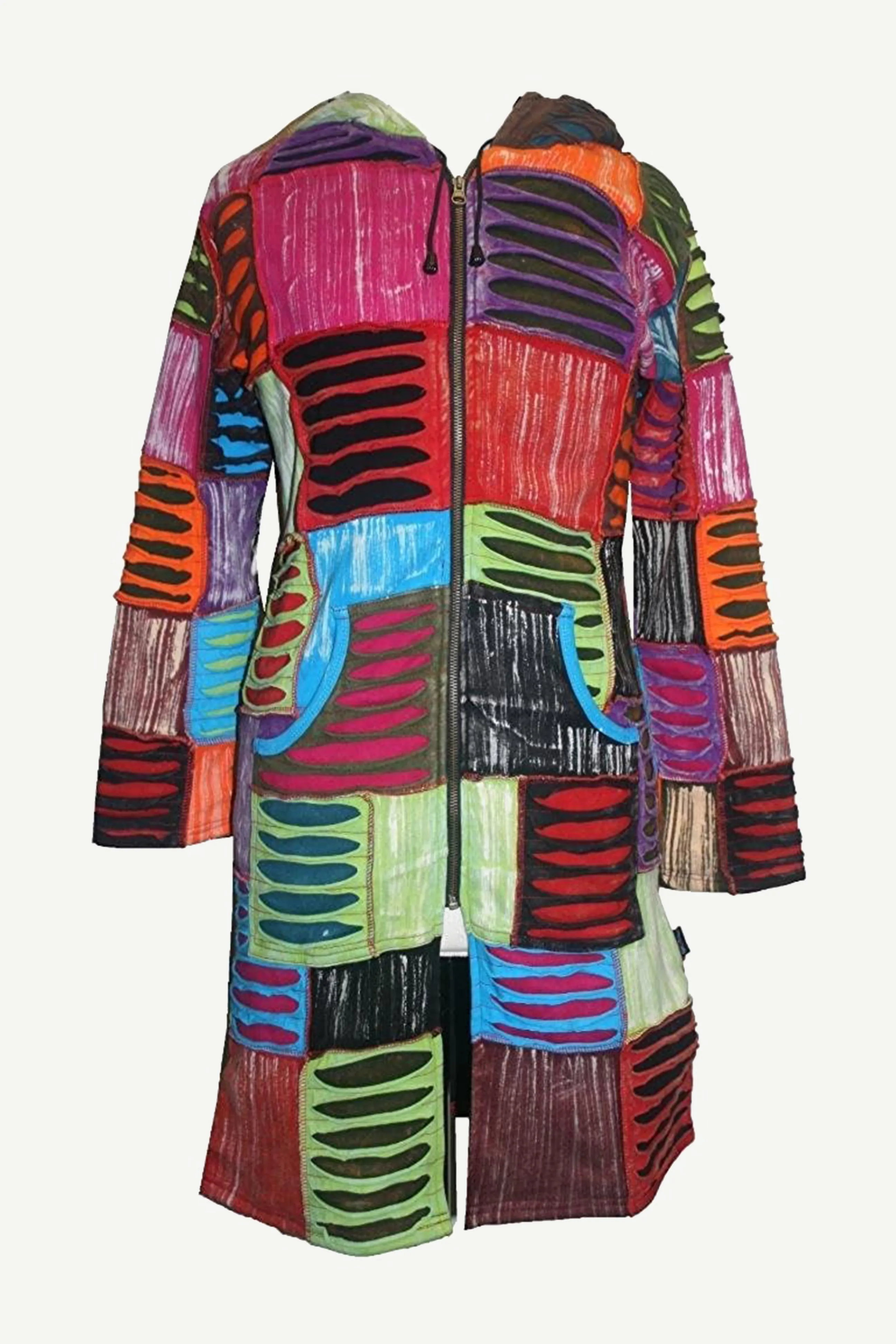 RJ 325 Funky Multi-colored Patches Long Bohemian Fleece Hoddie Jacket