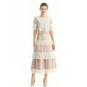S149 Women macramé lace-panel design Swiss dot tiered ruffle long skirt