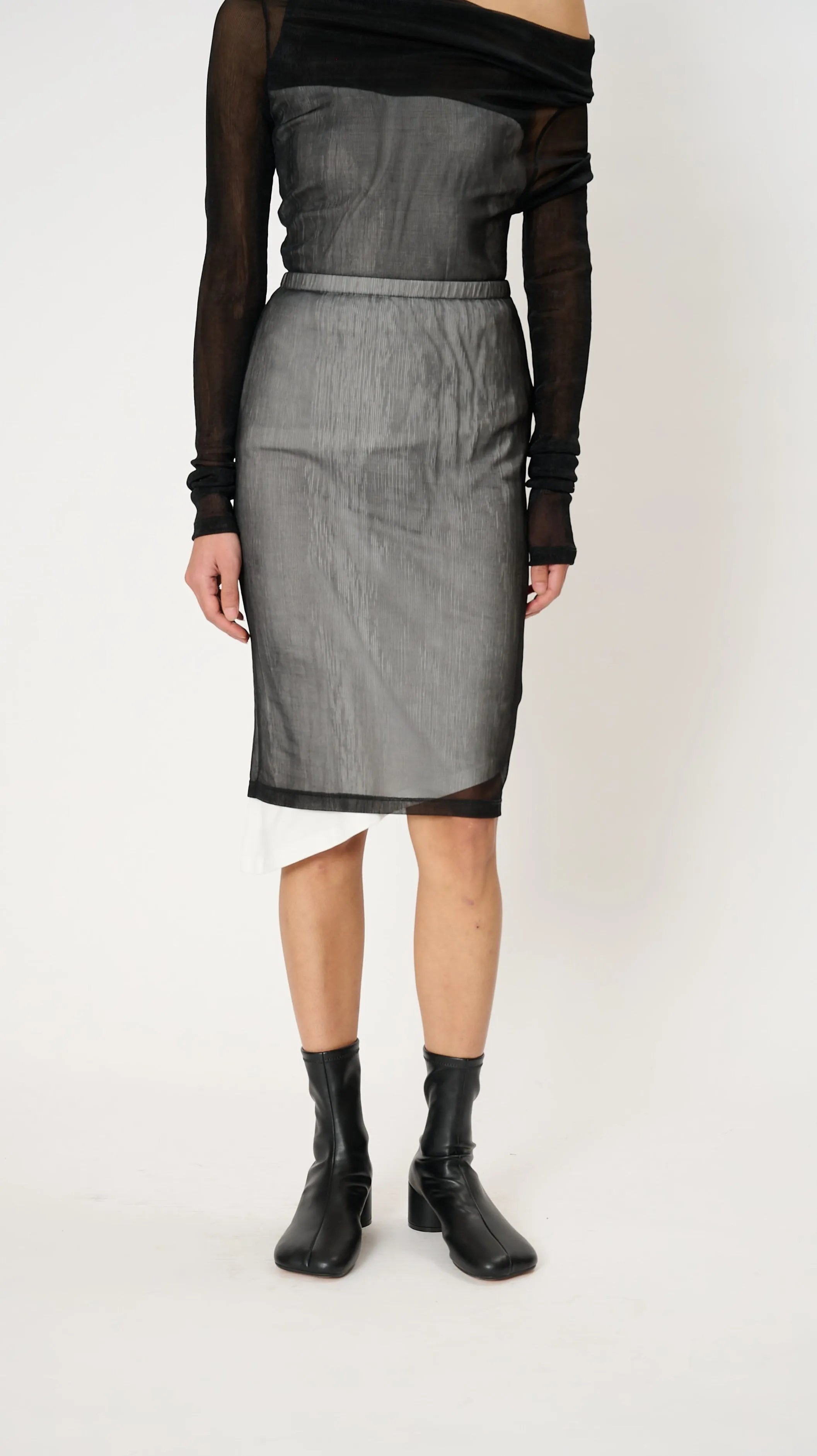 Sheer Rib and Jersey Midi Skirt in Black and White