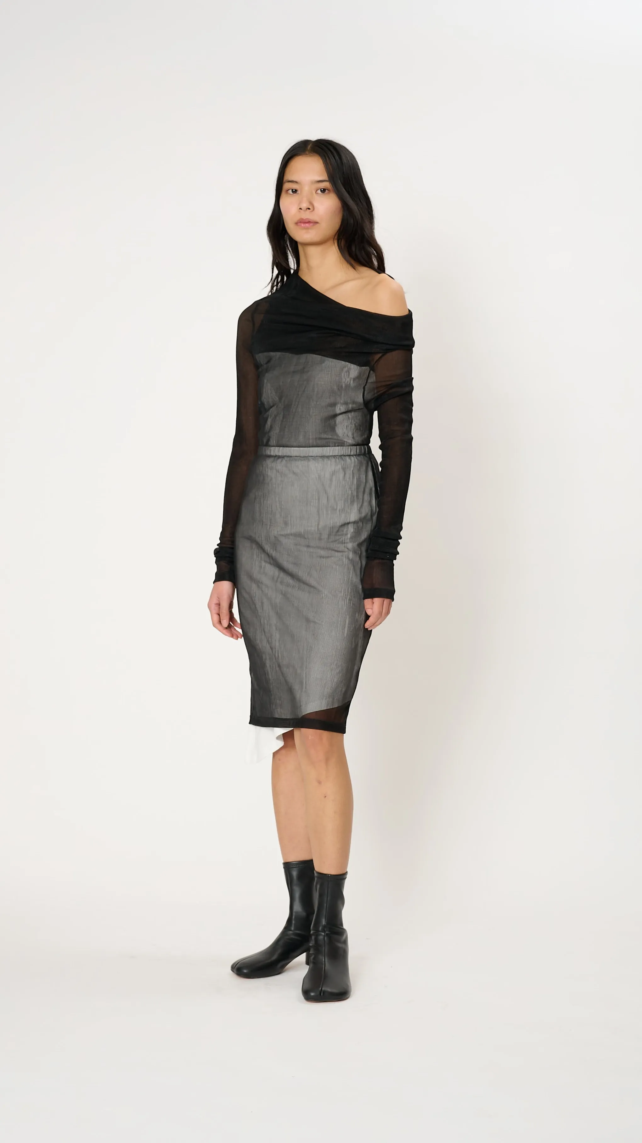 Sheer Rib and Jersey Midi Skirt in Black and White
