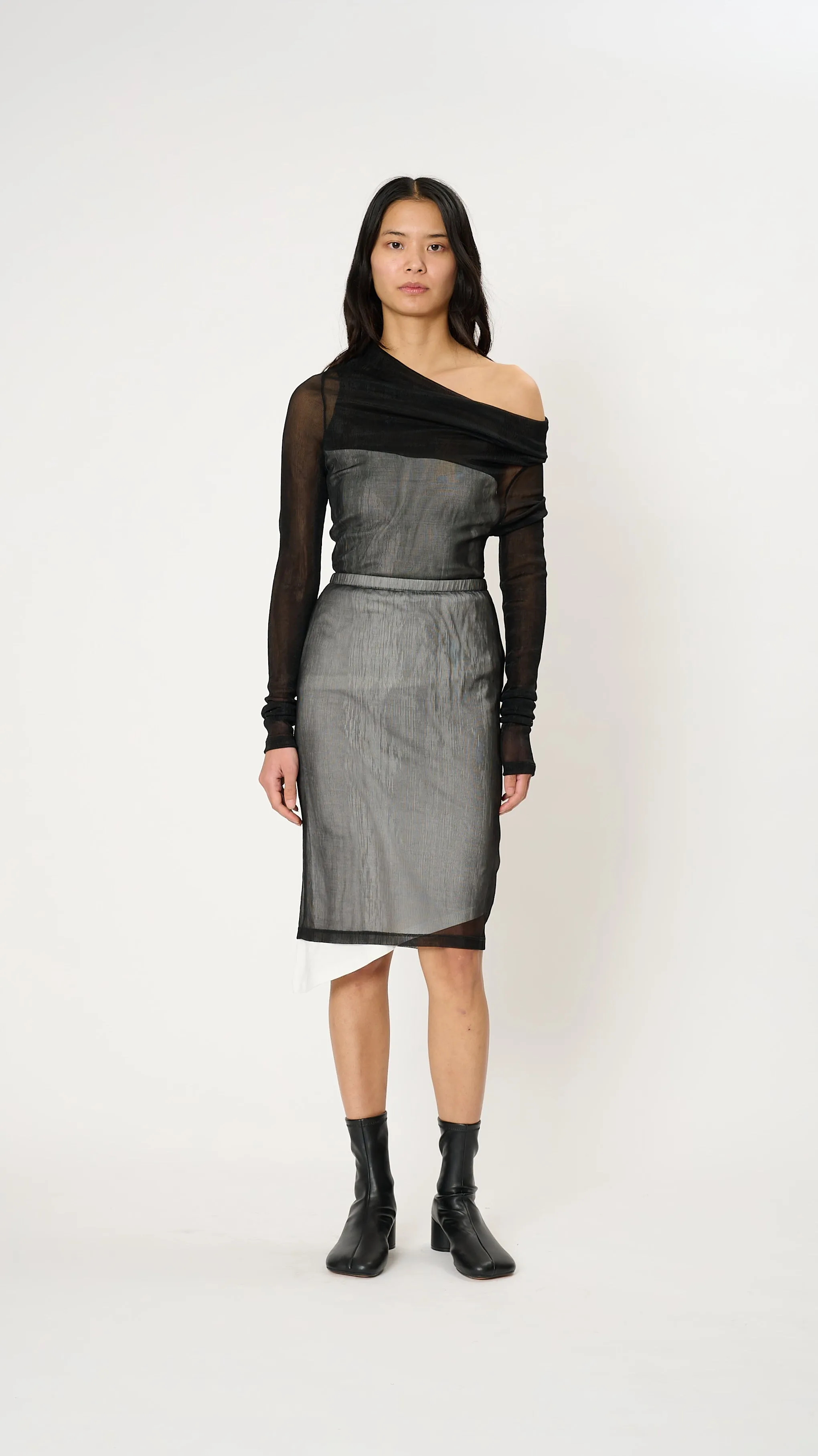 Sheer Rib and Jersey Midi Skirt in Black and White