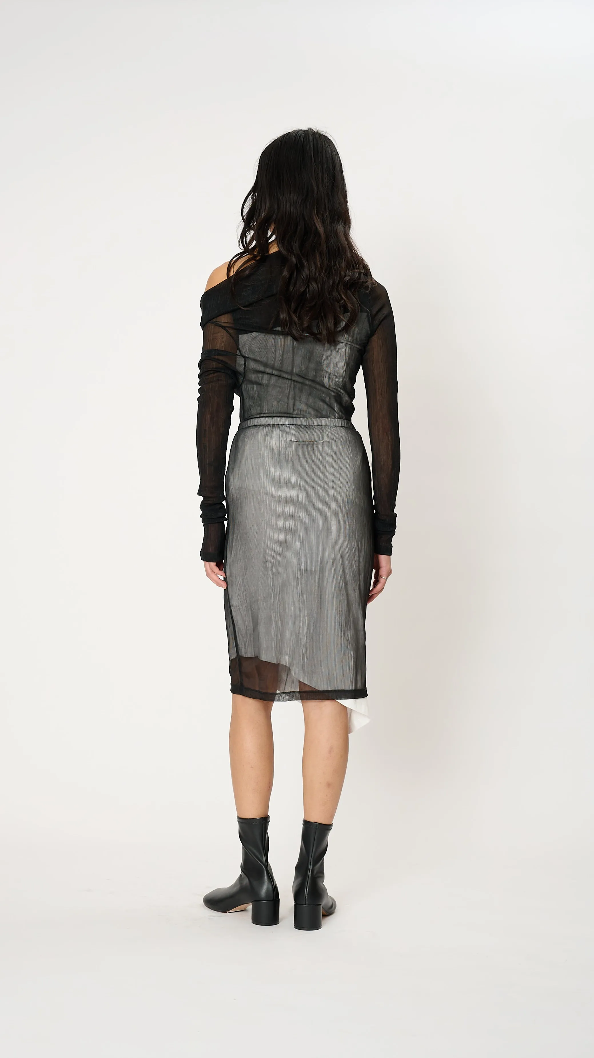 Sheer Rib and Jersey Midi Skirt in Black and White