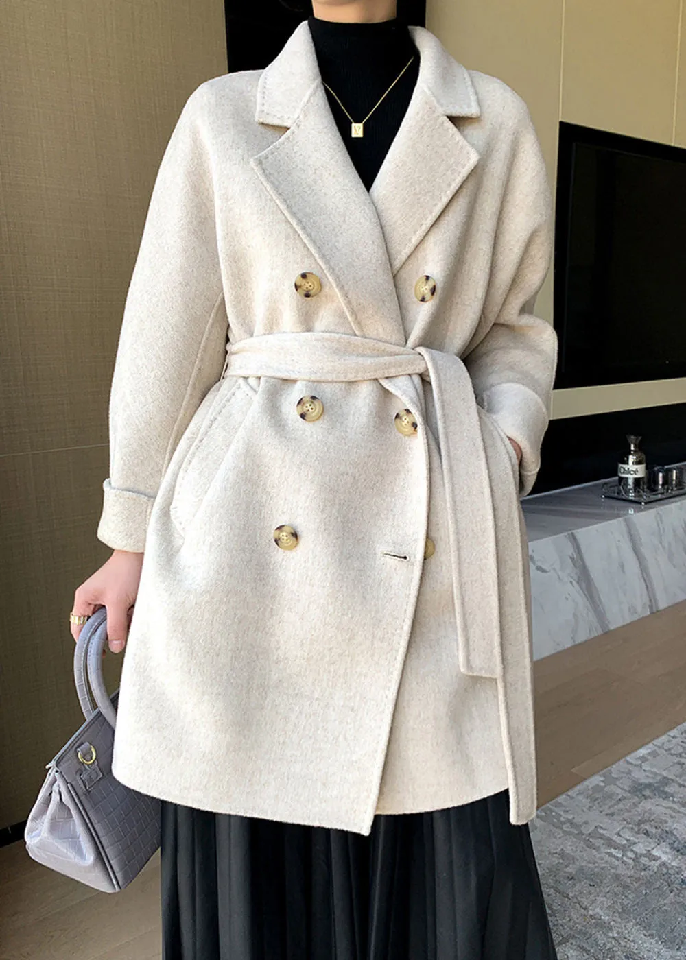 Sirena Double Breasted Belted Wool Coat
