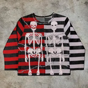 Skull print contrast striped hooded sweatshirt