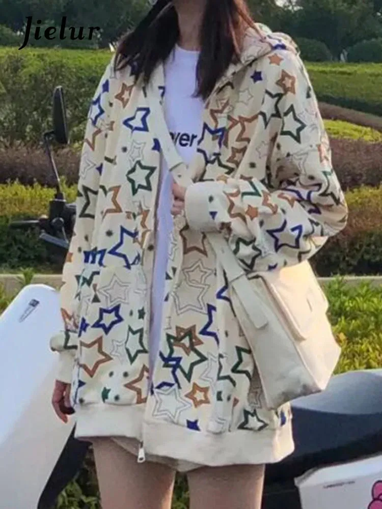 Star Printing Casual Apricot Female Hoodies Winter Fashion Spell Color Loose Zip-up O-neck Women Sweatshirts Office Lady