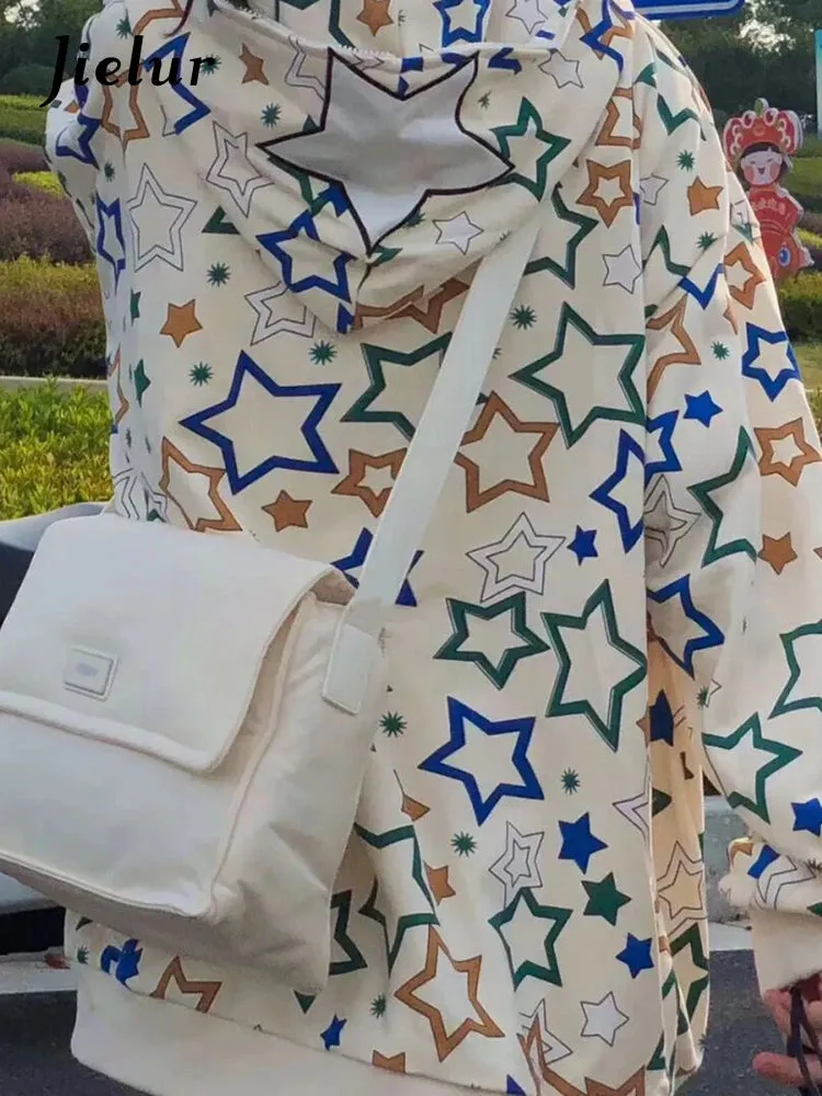 Star Printing Casual Apricot Female Hoodies Winter Fashion Spell Color Loose Zip-up O-neck Women Sweatshirts Office Lady