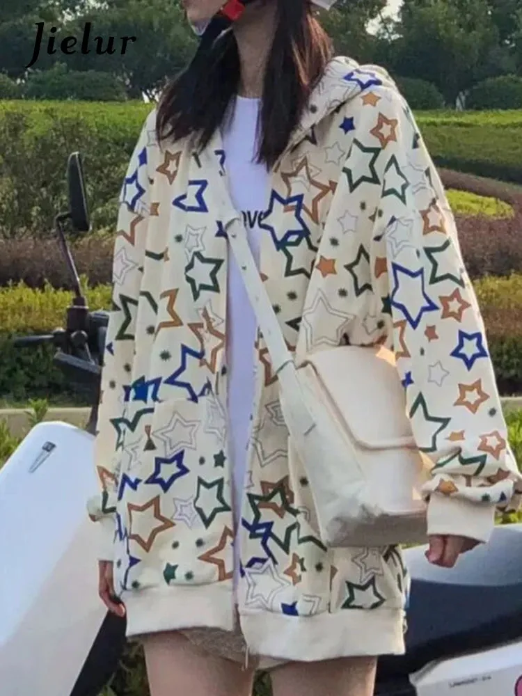 Star Printing Casual Apricot Female Hoodies Winter Fashion Spell Color Loose Zip-up O-neck Women Sweatshirts Office Lady