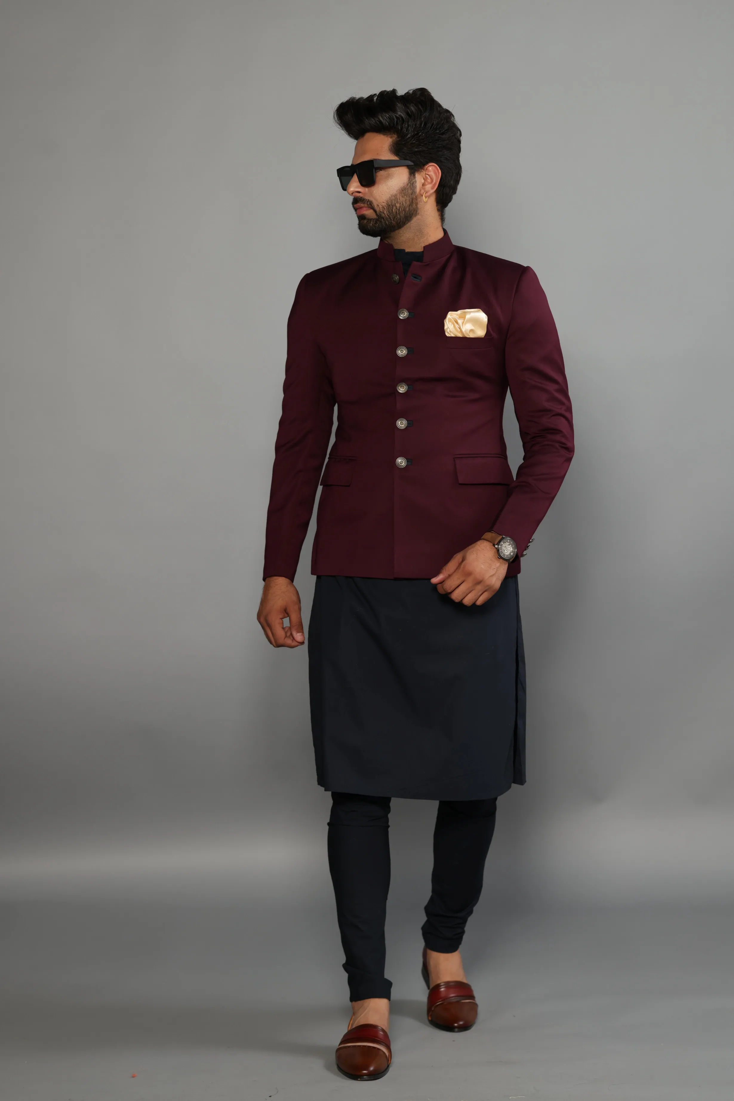 Stunning Wine Jodhpuri Bandhgala With Navy Blue Kurta Pyjama | Free Personalization Handmade | Perfect Wedding Wear | Indian Cocktail Party Dress