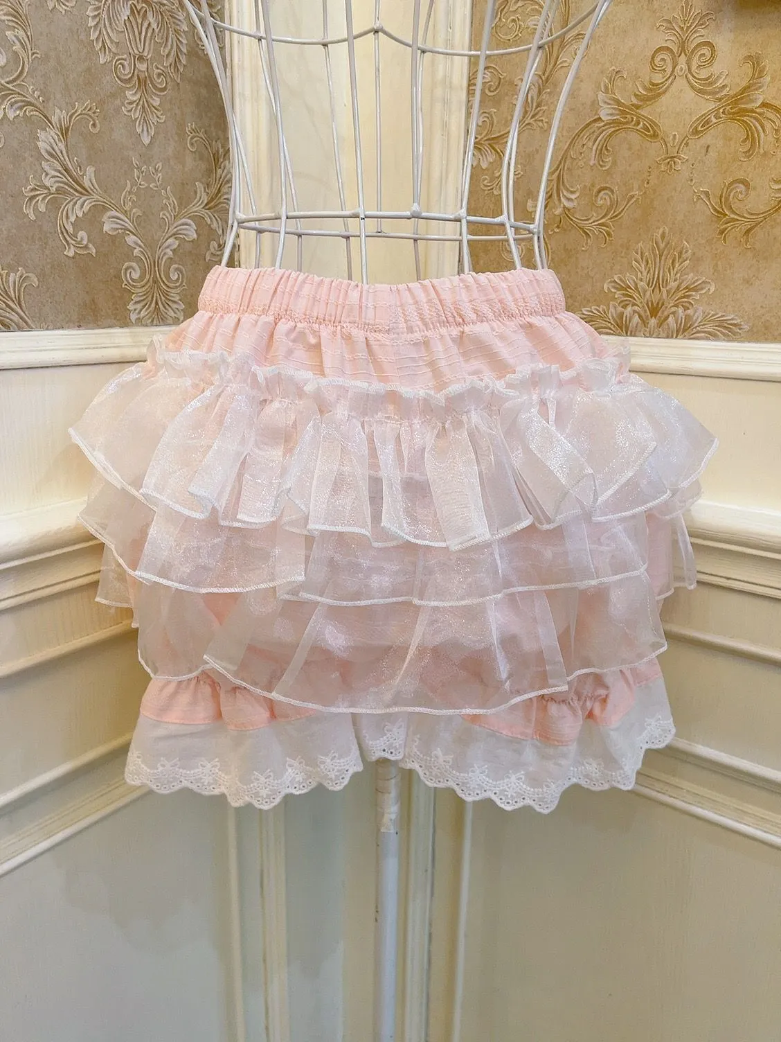 Sweetheart Princess Bow Layered Ruffled White Pink Gathered Short Skirt