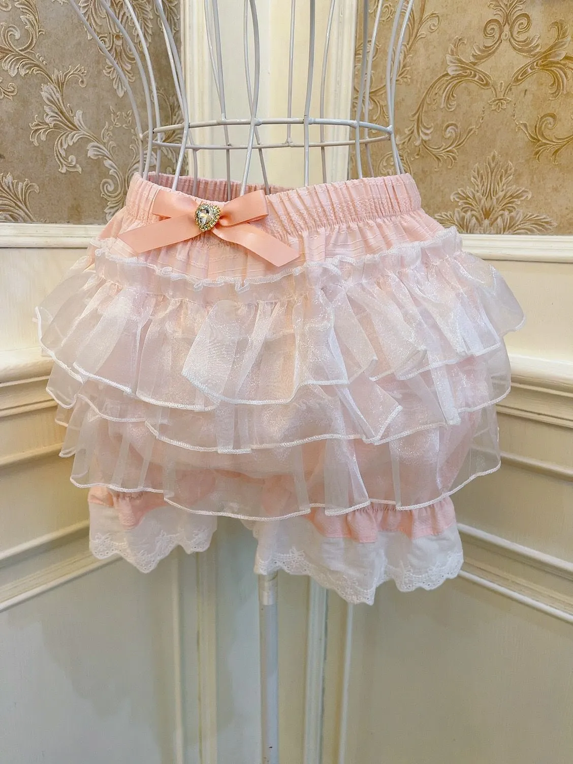 Sweetheart Princess Bow Layered Ruffled White Pink Gathered Short Skirt