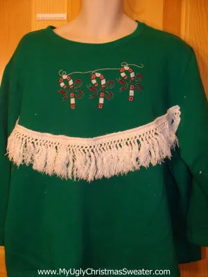Tacky Cheap Christmas Sweatshirt Candycanes Fringe