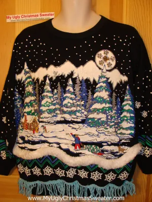 Ugly Christmas Tacky Sweatshirt Winter Wonderland 80's with Bling & Fringe (q28)