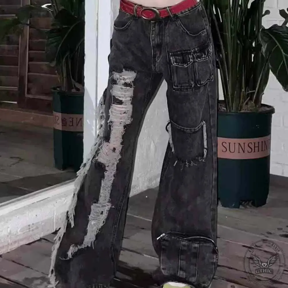 Vintage High Waist Pockets Ripped Straight Pants