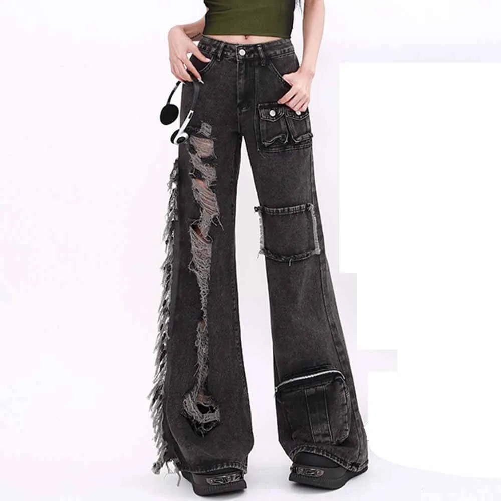 Vintage High Waist Pockets Ripped Straight Pants