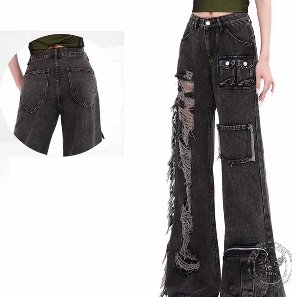 Vintage High Waist Pockets Ripped Straight Pants