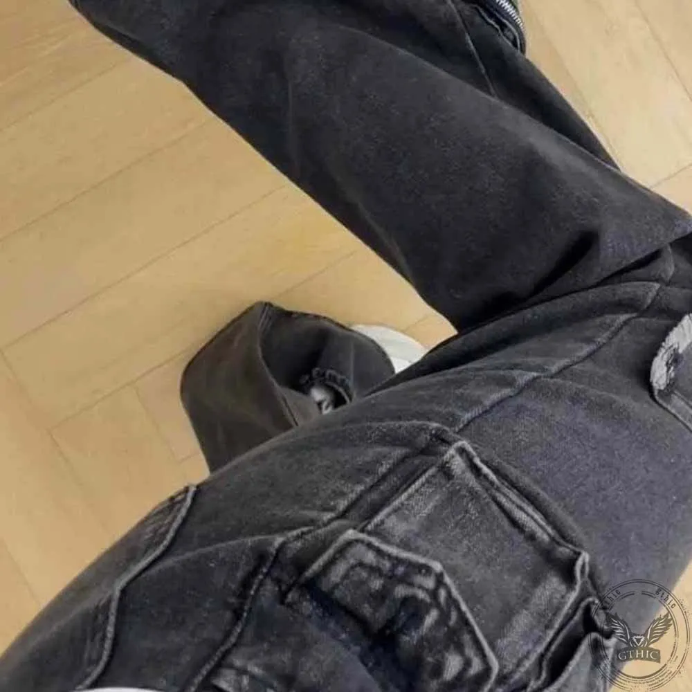 Vintage High Waist Pockets Ripped Straight Pants