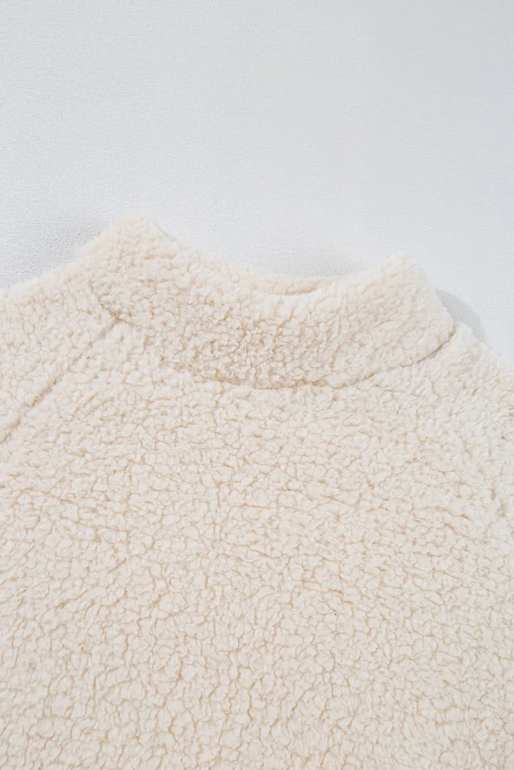 White Solid Fleece High Neck Drop Shoulder Pullover Sweatshirt
