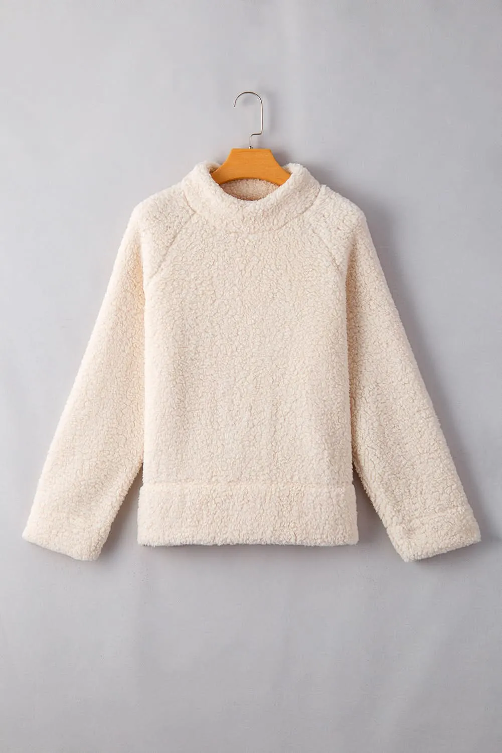 White Solid Fleece High Neck Drop Shoulder Pullover Sweatshirt