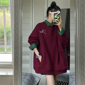 Wine Red Loose Fashion American Vintage Female Hoodies Autumn New Chic Pockets Contrast Color Simple Casual Women Hoodies