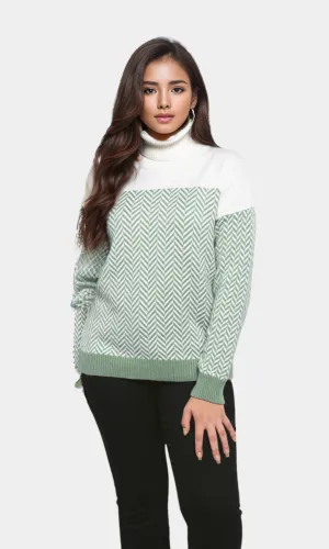 Women High Collar Pullover - Green