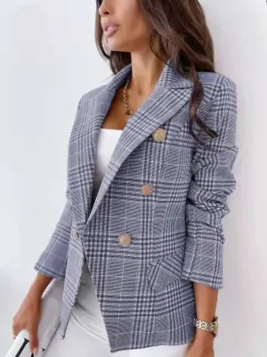 Women’s fitted check double-breasted blazer