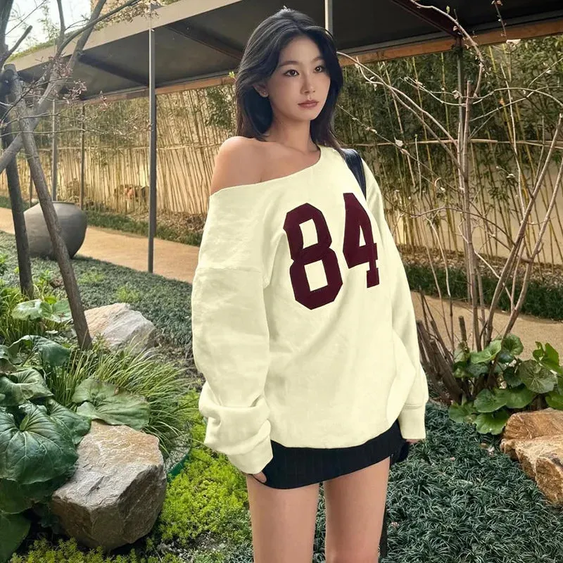 Y2k Graphic Baggy Hoodies One Shoulder Long Sleeve Tees Casual Loose Pullovers Women Clothing Fall Winter 2024 P70CC40